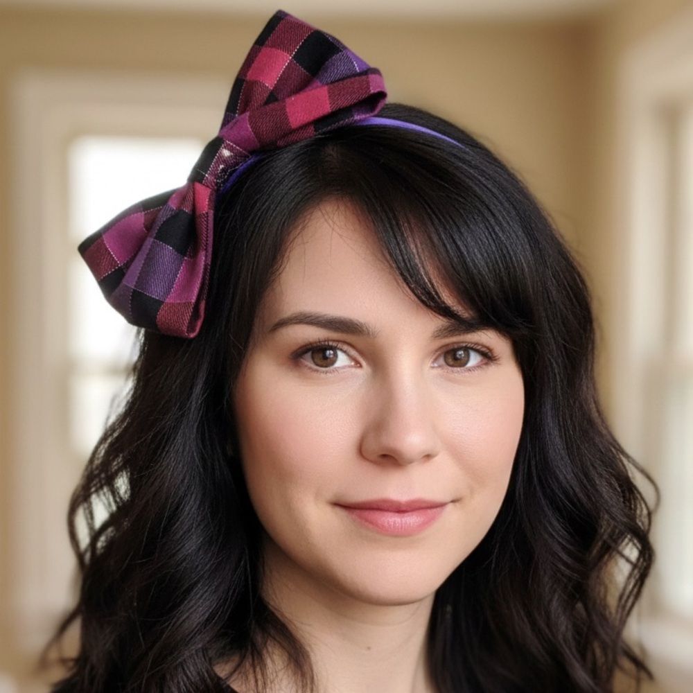 NEW Plum & Crimson Tartan Plaid Handmade Fabric Bow Headband